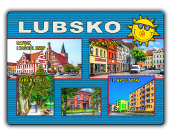 Magnes elastyczny 65x90 LUBSKO Ratusz i kościół NNMP, Plac Wolności, Park Miejski, SP 2, Wrocławska - niebieskie tło